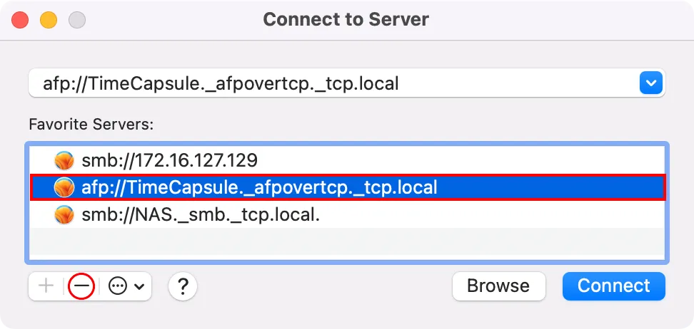 Nút &quot;-&quot; được đánh dấu trong cửa sổ &quot;Connect to Server&quot; để xóa một máy chủ khỏi danh sách yêu thích.