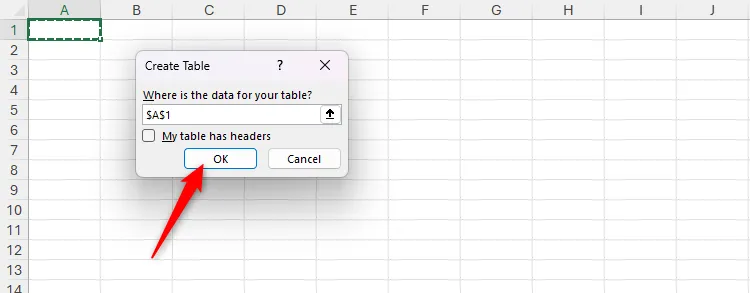 Nút 'OK' được chọn trong hộp thoại 'Create Table' (Tạo Bảng) của Excel, xác nhận phạm vi dữ liệu cho bảng mới.