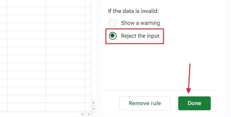 Nút radio Reject the Input (Từ chối nhập) trong cửa sổ quy tắc Xác thực dữ liệu