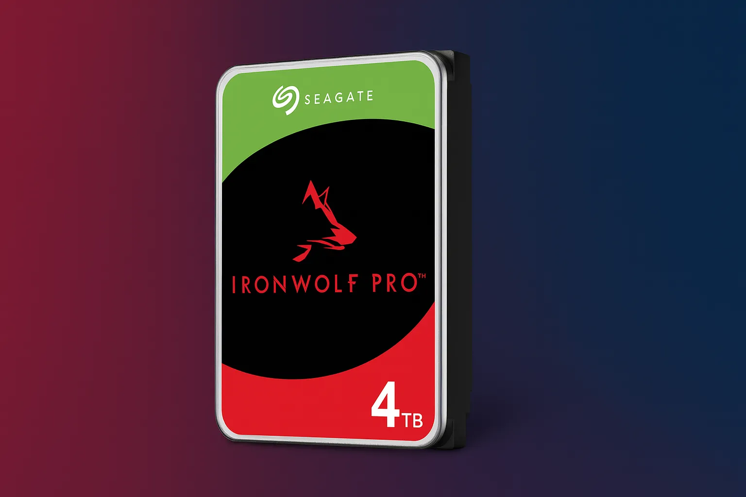 Ổ cứng NAS Seagate IronWolf Pro 4TB trên nền gradient xanh tím.