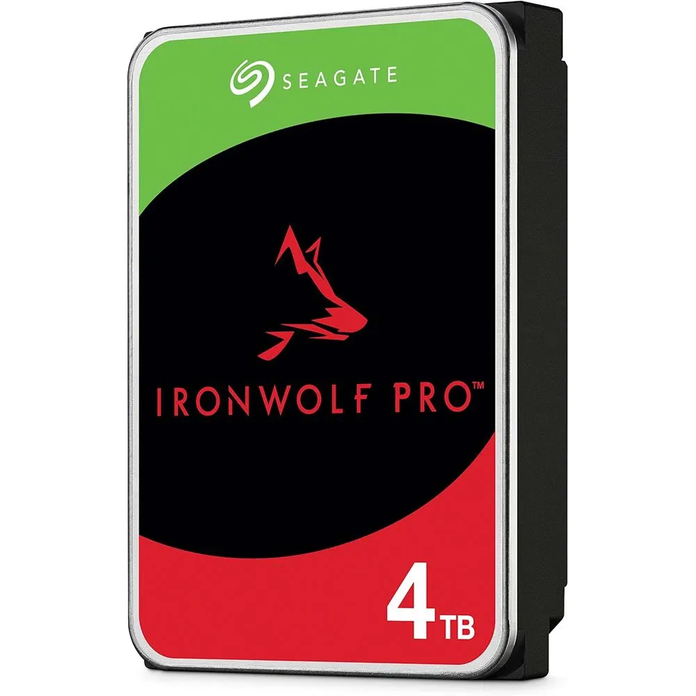 Ổ cứng NAS Seagate IronWolf Pro 4TB với logo thương hiệu trên nền tối.