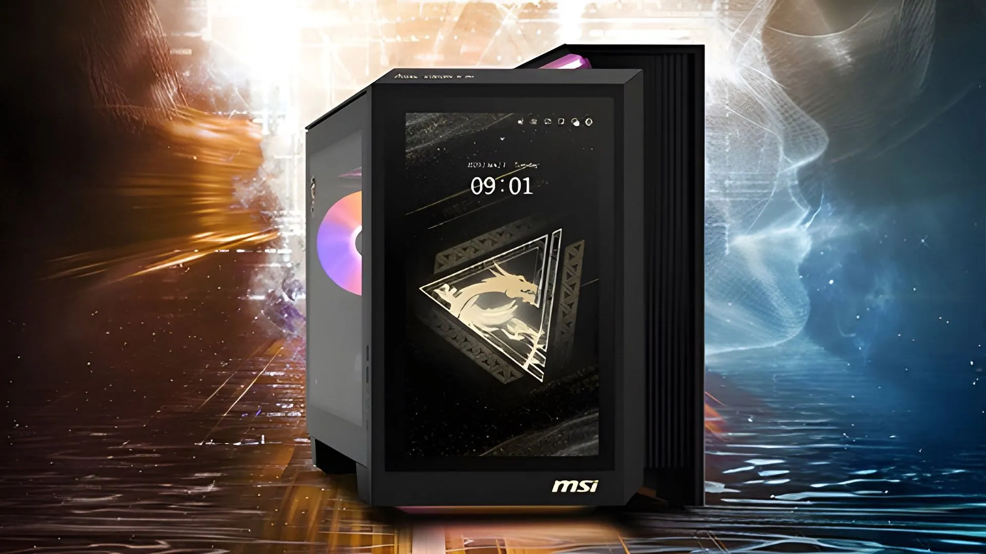 PC chơi game MSI với màn hình cảm ứng lớn tích hợp trên vỏ case, mang lại trải nghiệm độc đáo.