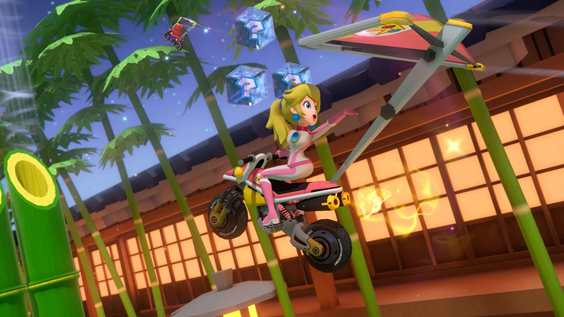 Peach đang đua xe trên đường Ninja Hideaway trong Mario Kart 8 Deluxe, minh họa sự phát triển đồ họa và chi phí game hiện đại.