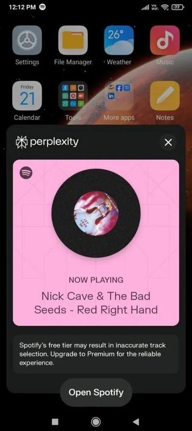 Perplexity AI đang phát bài hát trên Spotify thông qua lệnh thoại.