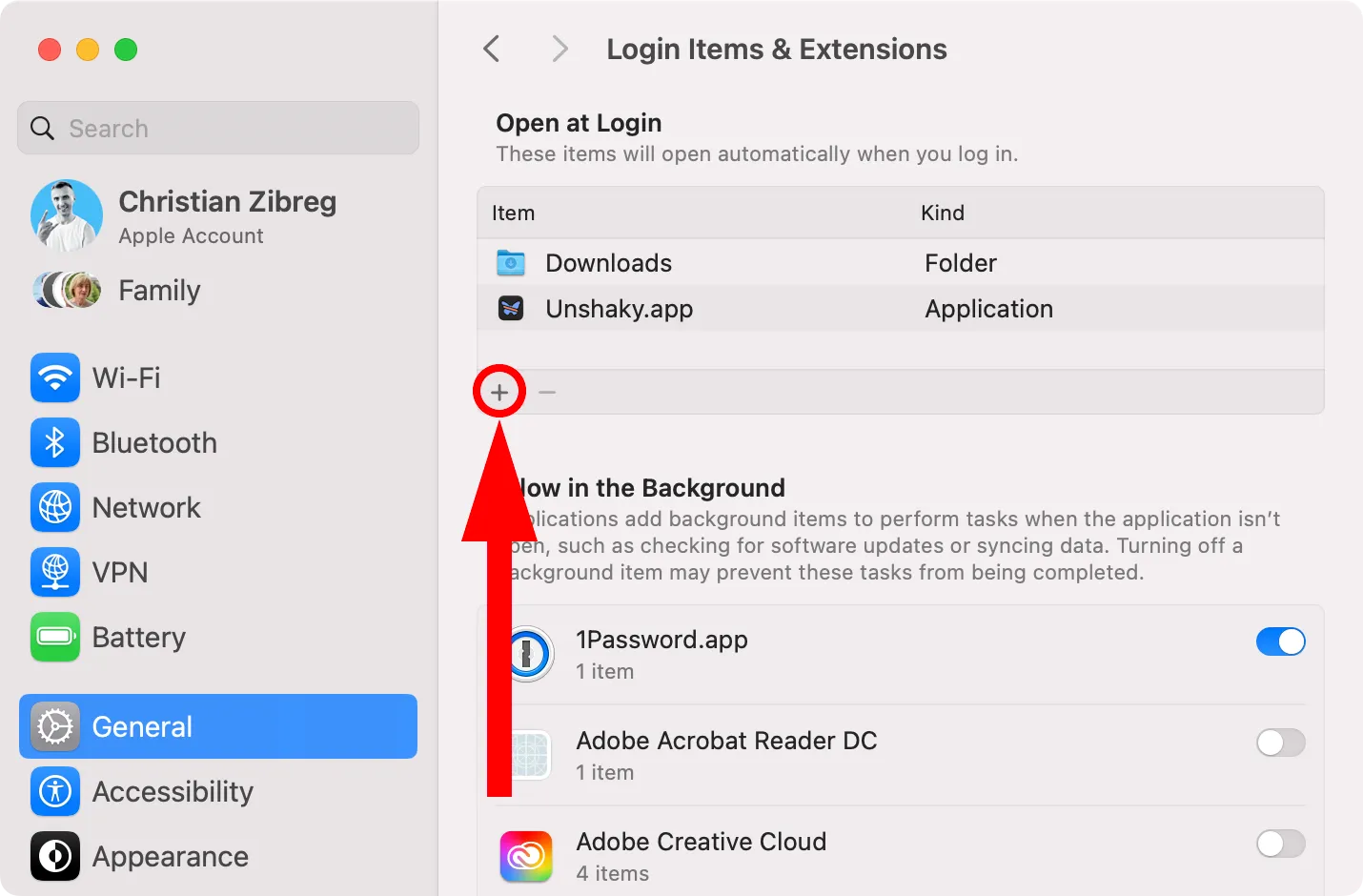 Phần &quot;Login Items&quot; trong Cài đặt Hệ thống macOS, với nút &quot;+&quot; được đánh dấu để thêm mục đăng nhập mới.