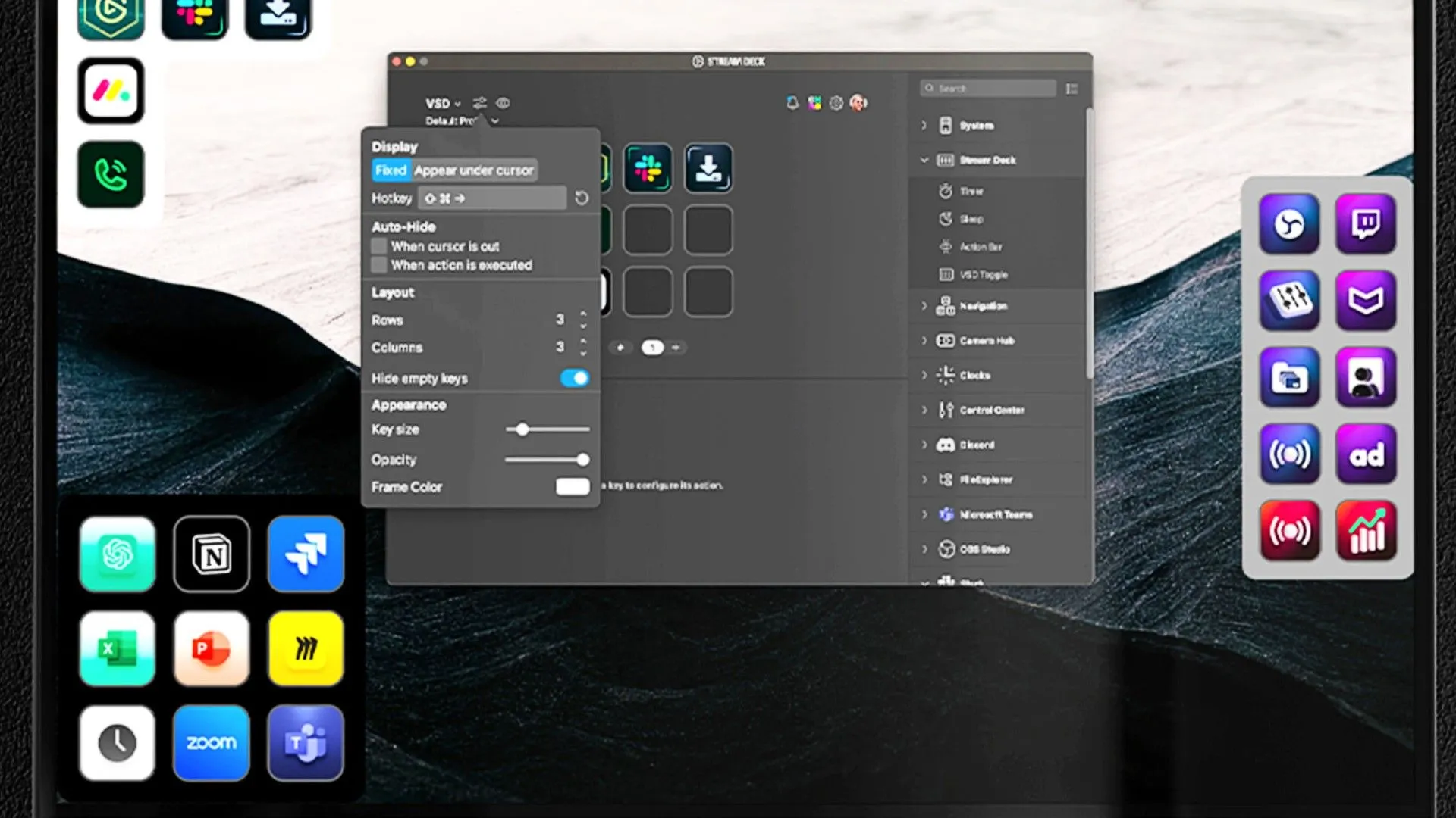 Phần mềm Elgato Virtual Stream Deck hiển thị trên màn hình, với các nút chức năng tùy chỉnh.