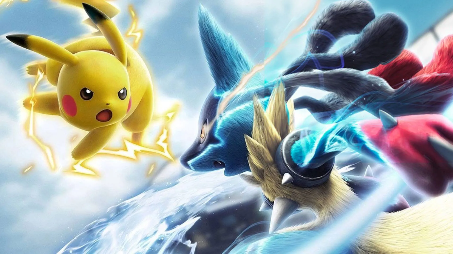 Pikachu và Lucario đang chiến đấu trong tựa game đối kháng Pokkén Tournament.