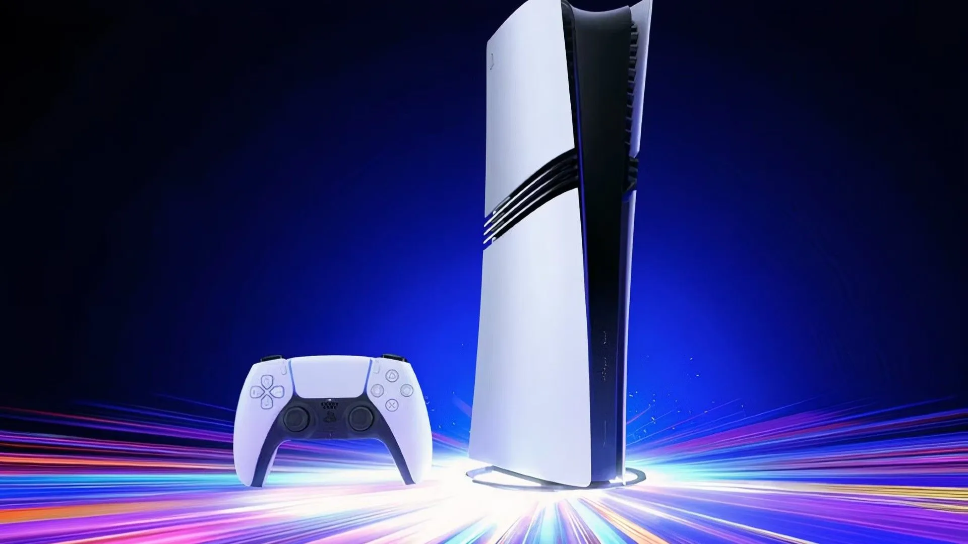 PS5 Pro on a blue background with bottom shine