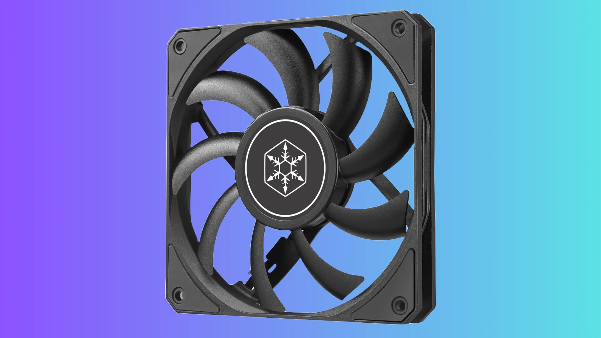 Quạt PC SilverStone Air Slimmer 120 trên nền xanh và tím.