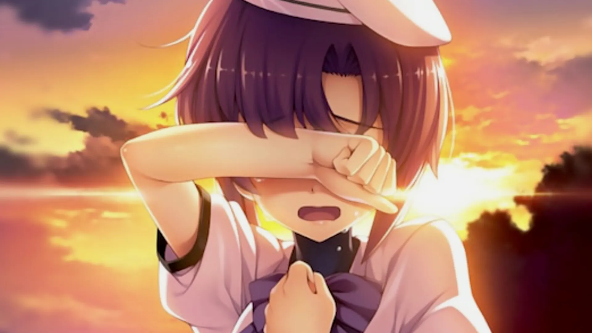 Rena Ryugu khóc trong cảnh hoàng hôn trong Higurashi When They Cry, thể hiện những khoảnh khắc bi kịch và cảm xúc mạnh mẽ của series game kinh dị Visual Novel này.