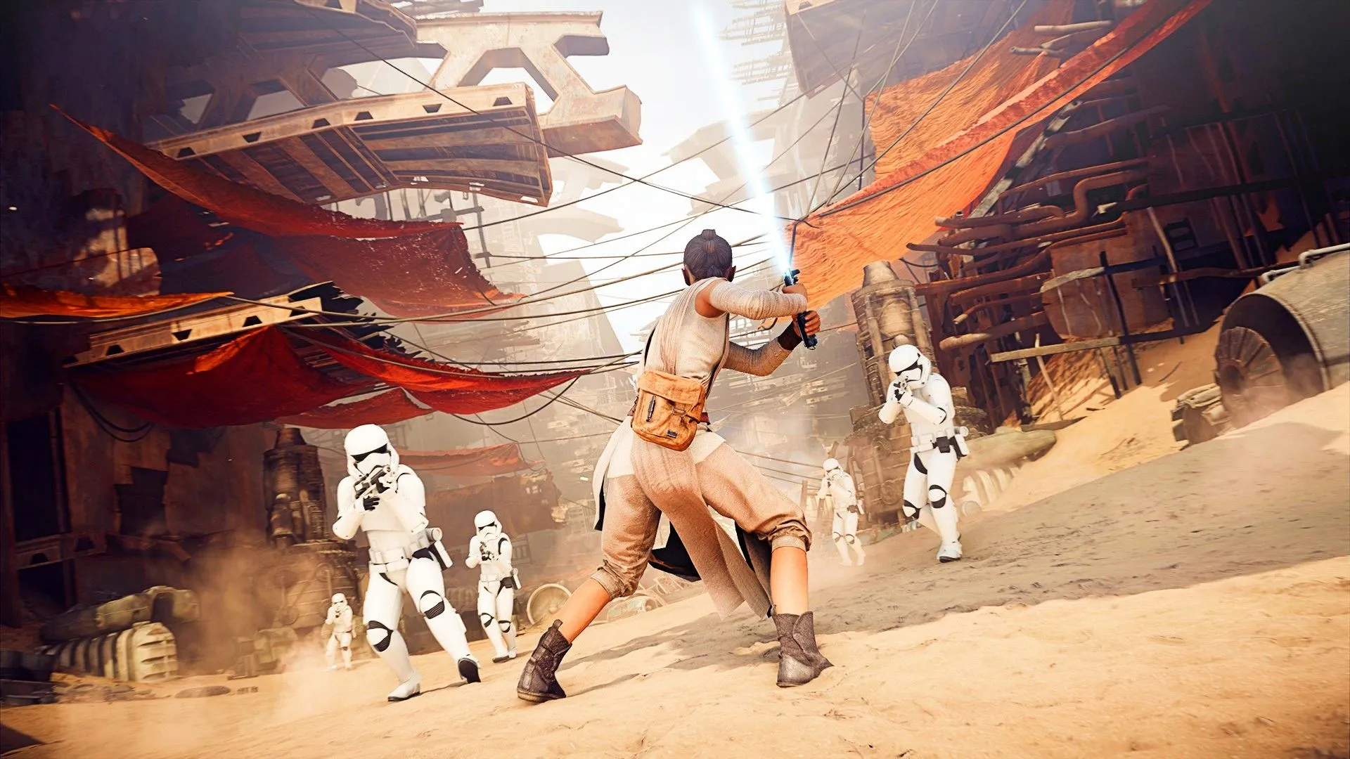 Rey sử dụng Lightsaber chống lại Stormtrooper trong bối cảnh sa mạc của Star Wars Battlefront 2