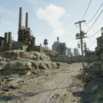 RoboCop đang đứng giữa thành phố Old Detroit đổ nát, bối cảnh tăm tối trong game RoboCop: Rogue City