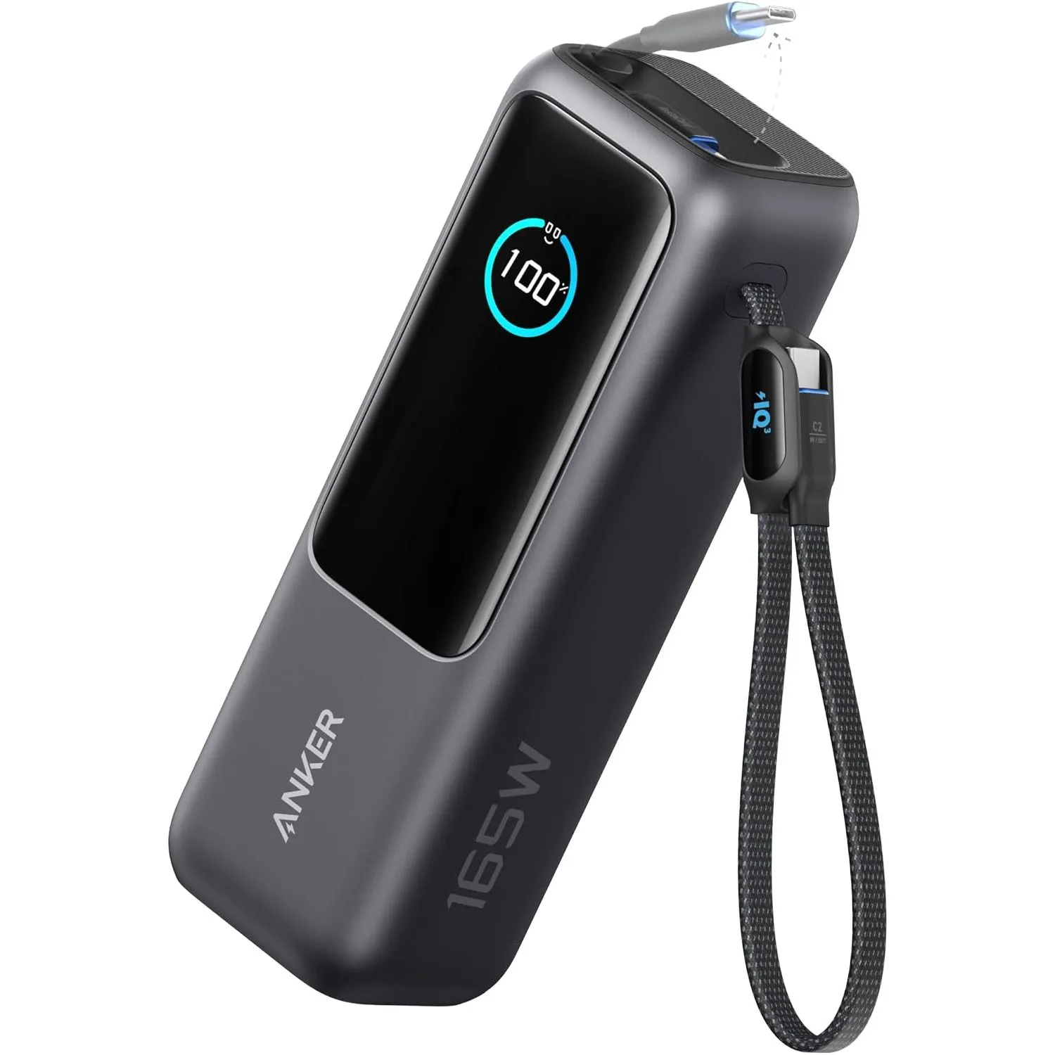 Sạc dự phòng Anker 25.000 mAh màu đen, nhỏ gọn nhưng mạnh mẽ, trang bị cổng USB-C và cáp tích hợp, hỗ trợ sạc nhanh cho laptop và nhiều thiết bị khác.