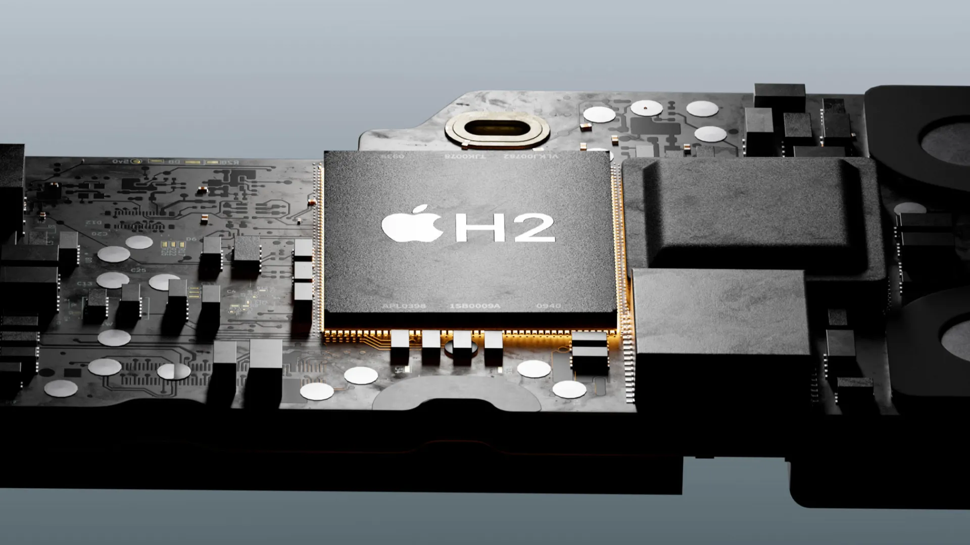 Sơ đồ minh họa chip H2 của Apple tích hợp trong tai nghe Powerbeats Pro 2, mang lại công nghệ âm thanh tiên tiến.