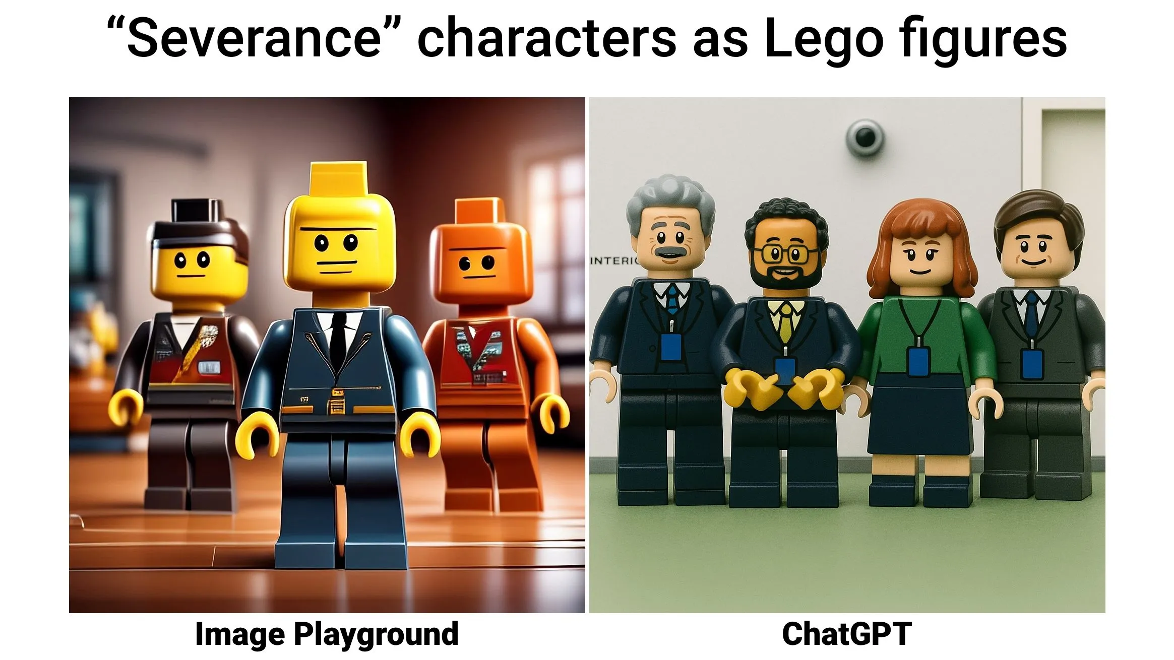 So sánh ảnh tạo bởi Image Playground và ChatGPT từ prompt &quot;nhân vật Severance Lego&quot;, minh họa sự khác biệt chất lượng giữa các công cụ AI tạo hình ảnh.