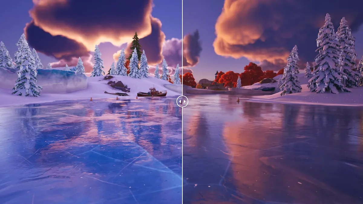 So sánh đồ họa Fortnite trước và sau khi tích hợp công nghệ Lumen của Unreal Engine 5, cho thấy cải tiến về chiếu sáng toàn cầu.