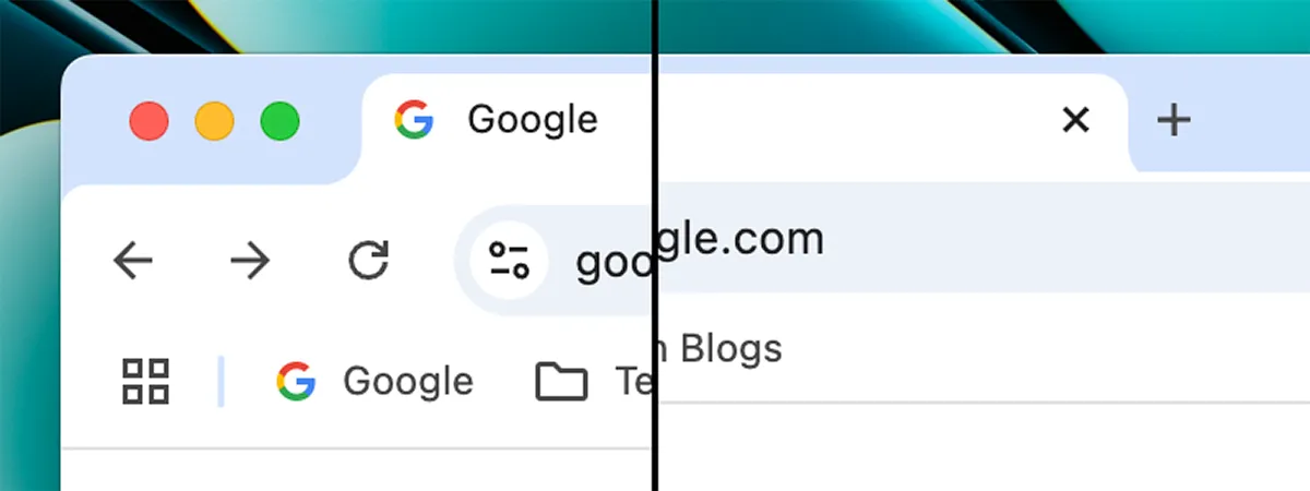 So sánh giao diện Google Chrome với Compact Mode bật và tắt, minh họa sự thu gọn không gian hiển thị trên trình duyệt.