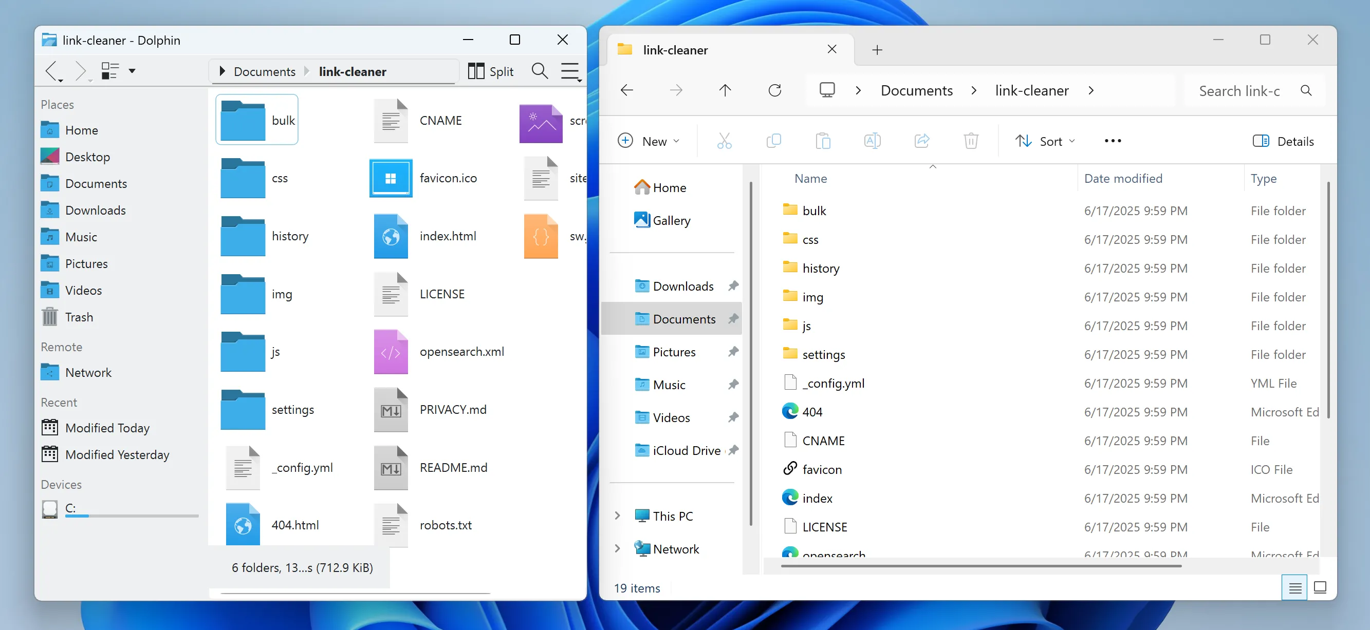 So sánh giao diện người dùng của Dolphin (trái) và File Explorer (phải) trên cùng một màn hình Windows, cho thấy sự khác biệt về thiết kế.