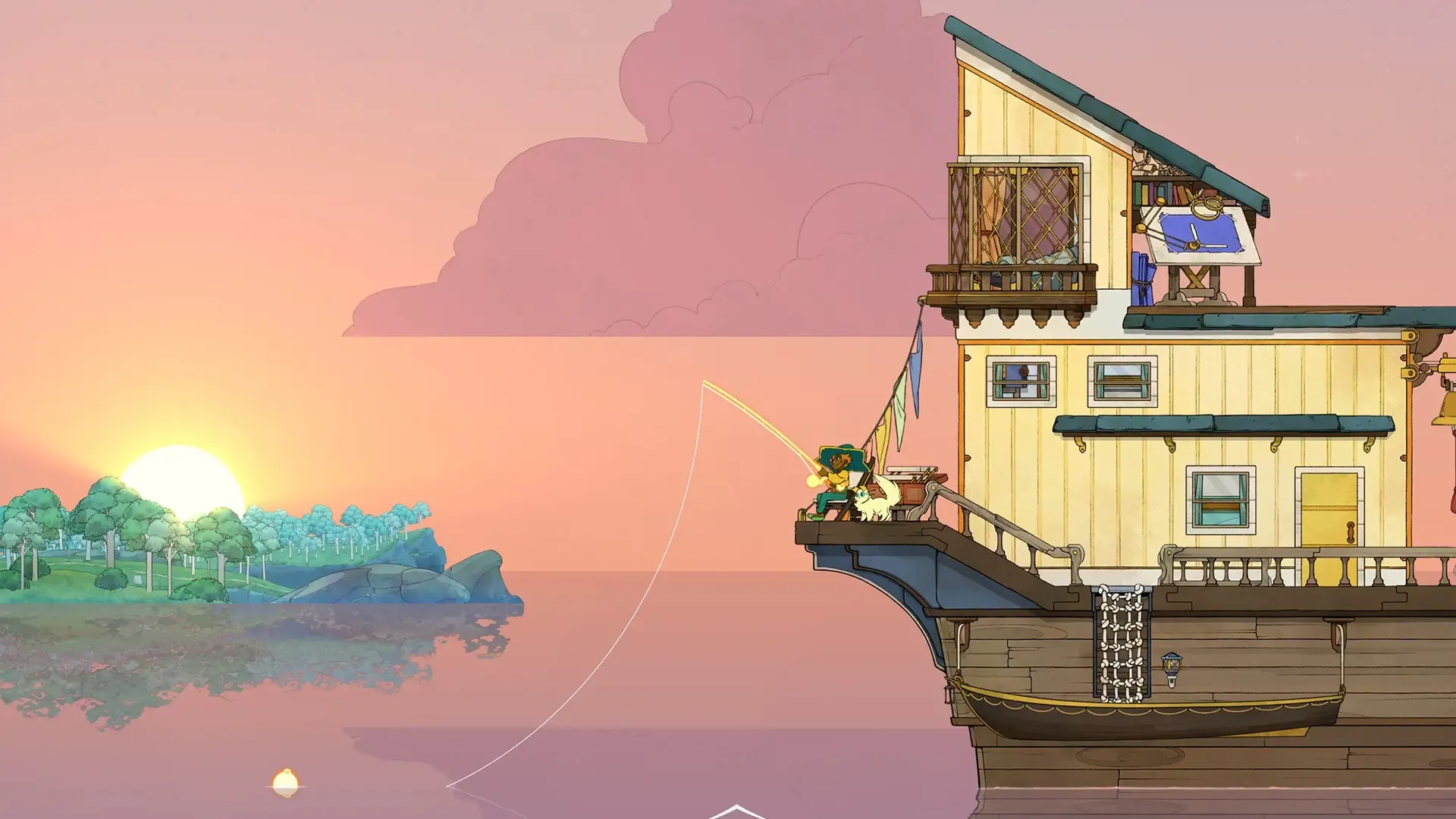 Stella, người quản lý phà, cùng chú mèo trắng câu cá trên con thuyền lớn trong Spiritfarer, một game quản lý đầy cảm xúc.