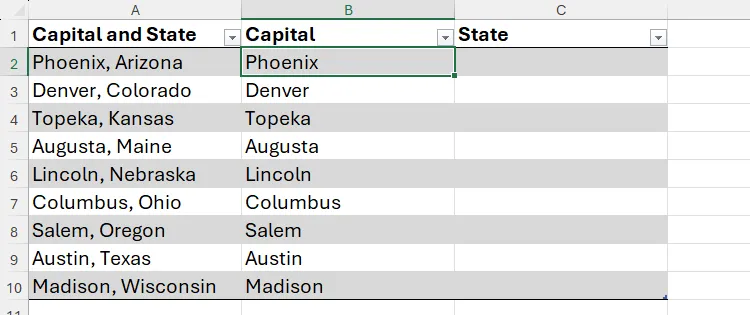 Sử dụng hàm TEXTBEFORE để trích xuất tên thủ đô vào cột B trong Excel