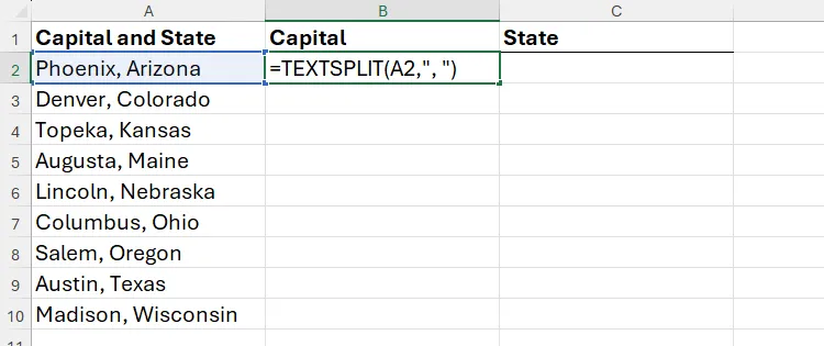 Sử dụng hàm TEXTSPLIT để tách thủ đô và tiểu bang vào các cột riêng biệt trong Excel
