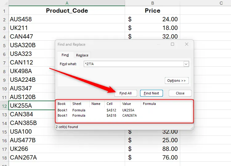Sử dụng ký tự đại diện (*2??A) trong hộp thoại 'Find and Replace' (Tìm và Thay thế) của Excel để tìm kiếm các mã sản phẩm cụ thể có chứa mẫu ký tự, minh họa tìm kiếm linh hoạt.