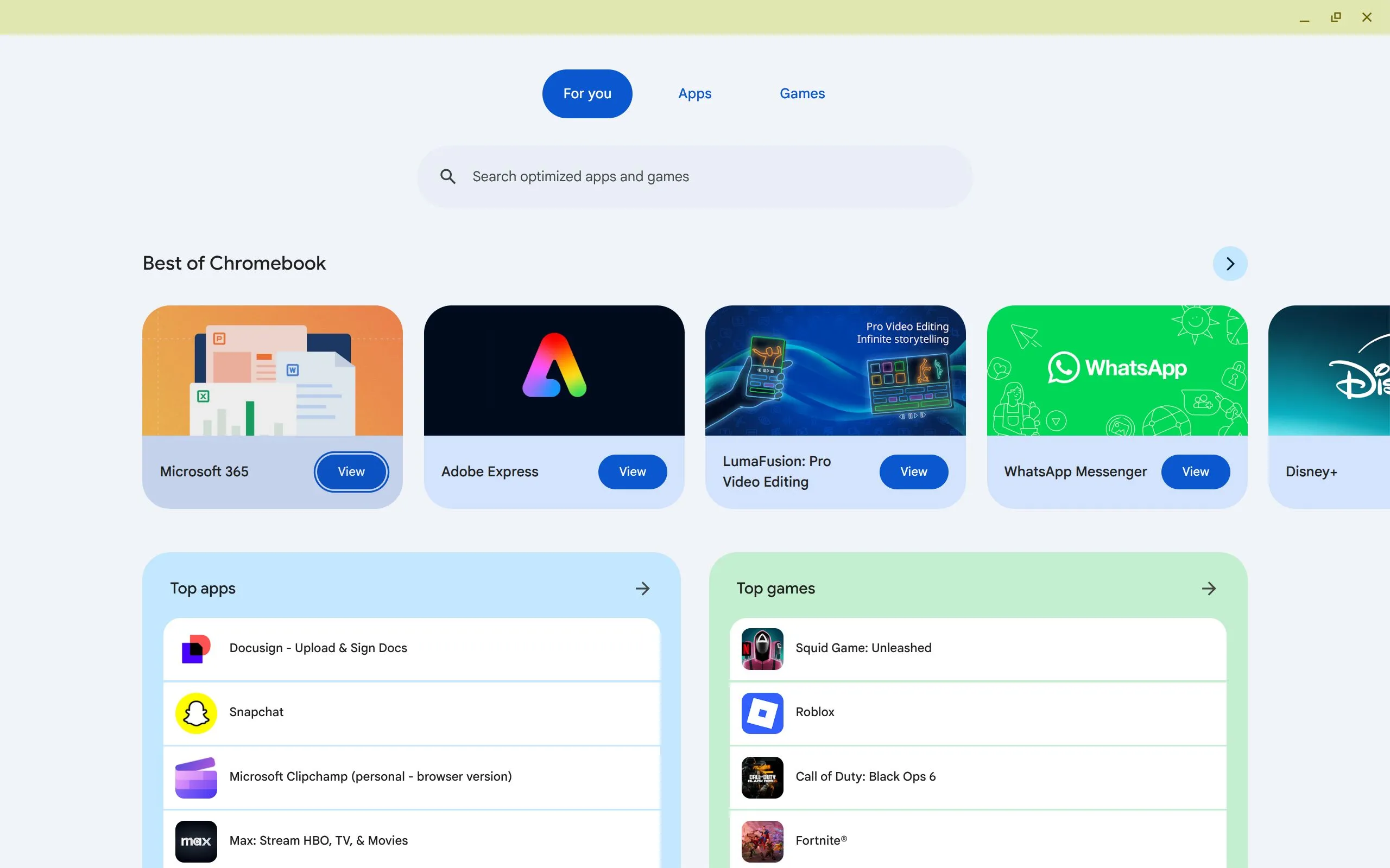 Tab &quot;Dành cho bạn&quot; trong ứng dụng Apps &amp; Games trên Chromebook, hiển thị các đề xuất ứng dụng và trò chơi phù hợp với người dùng.