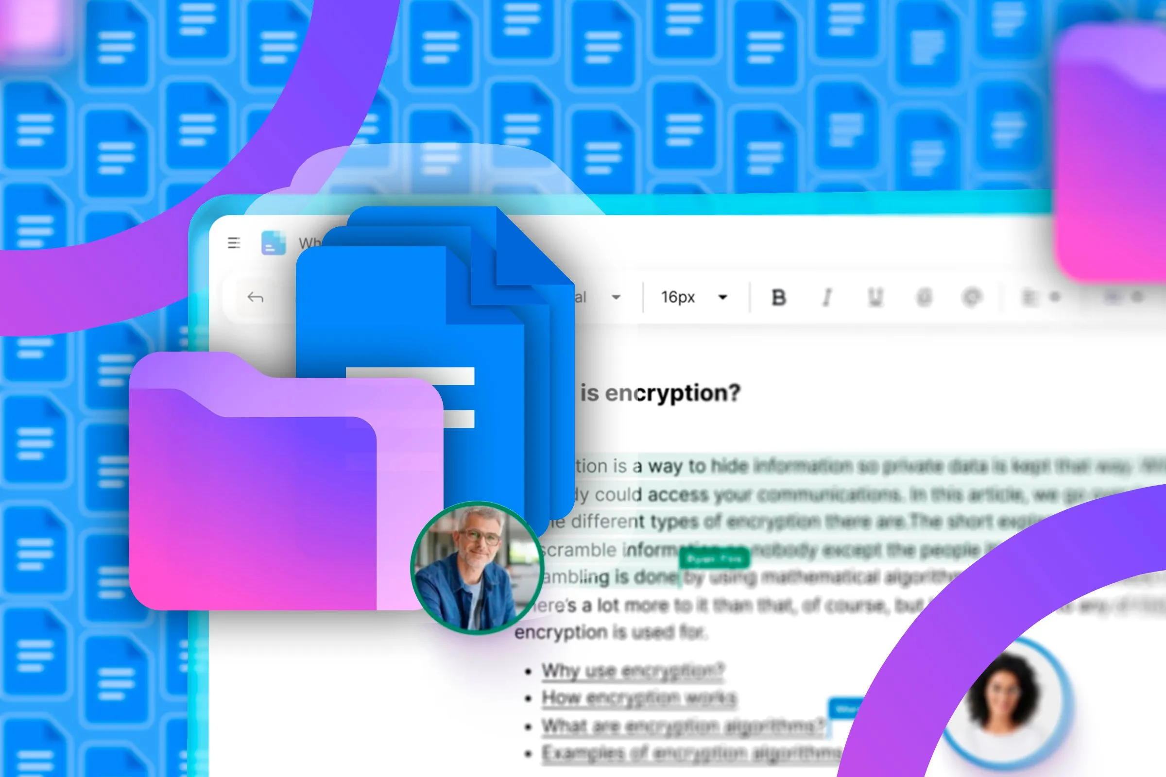 Tài liệu Google và logo Proton Drive nổi bật, cùng với logo Google Docs ở phía sau, minh họa Proton Docs như một lựa chọn thay thế an toàn cho bộ ứng dụng văn phòng của Google