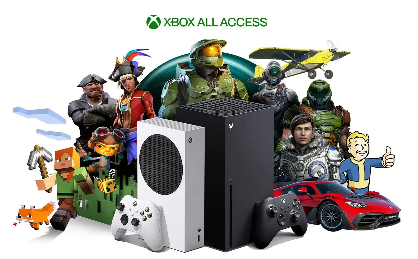 Tài liệu quảng bá Game Pass với các tựa game nổi tiếng của Xbox như Halo, Minecraft, Doom và Fallout