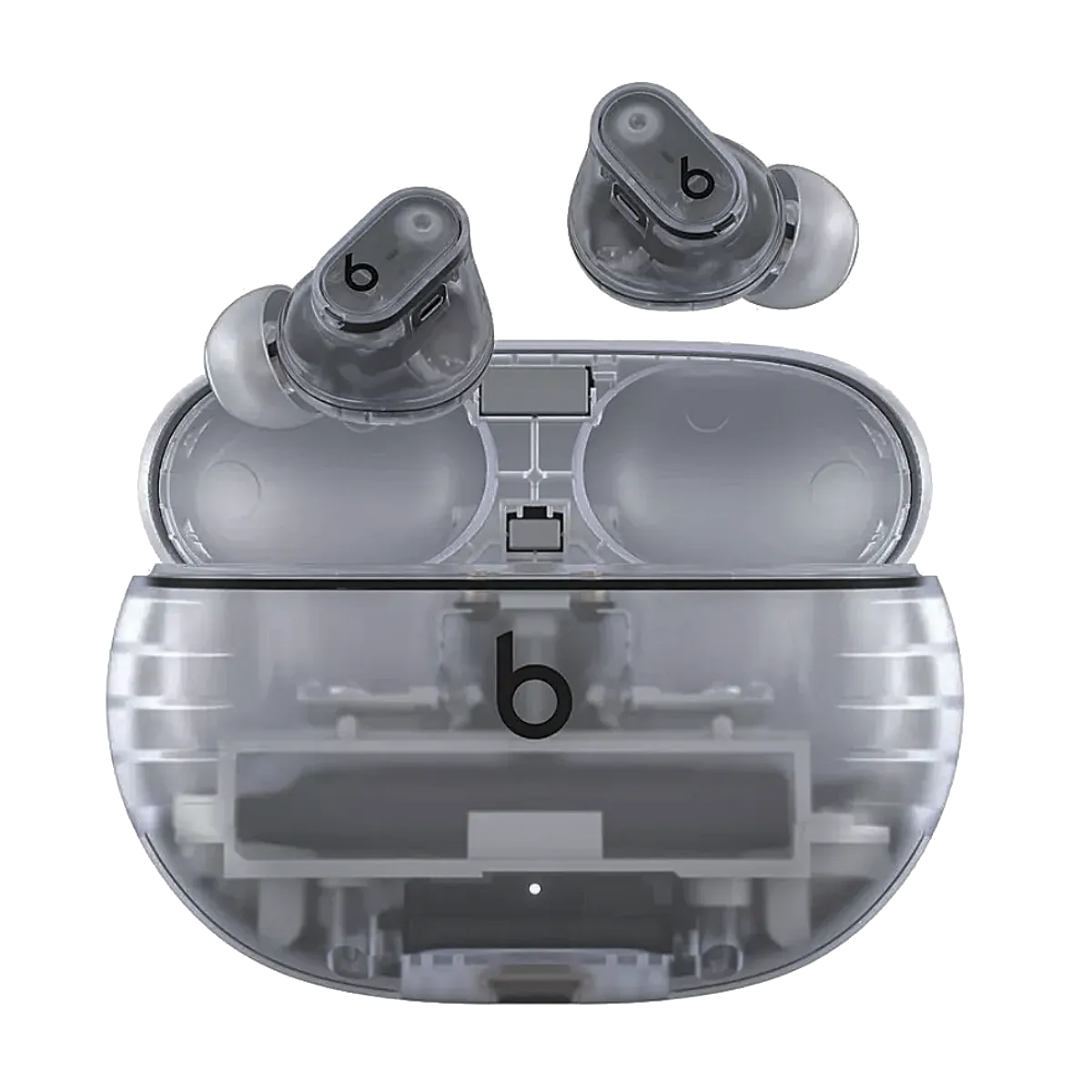 Tai nghe không dây Beats Studio Buds+ màu trắng mờ, hiển thị rõ thiết kế trong suốt và hộp sạc, tượng trưng cho chất lượng âm thanh cao cấp với tính năng chống ồn chủ động.