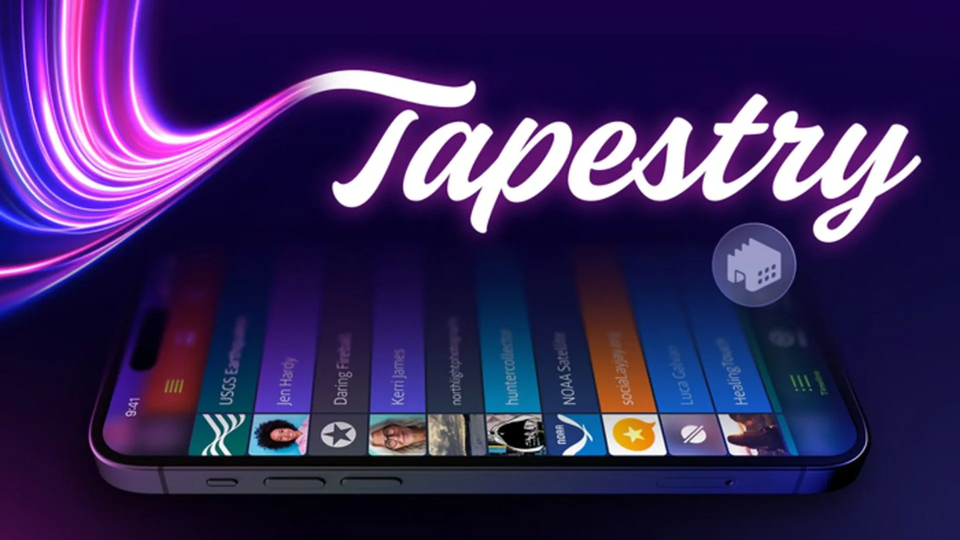 Tapestry logo over a phone using the app, displaying a timeline of various content feeds.