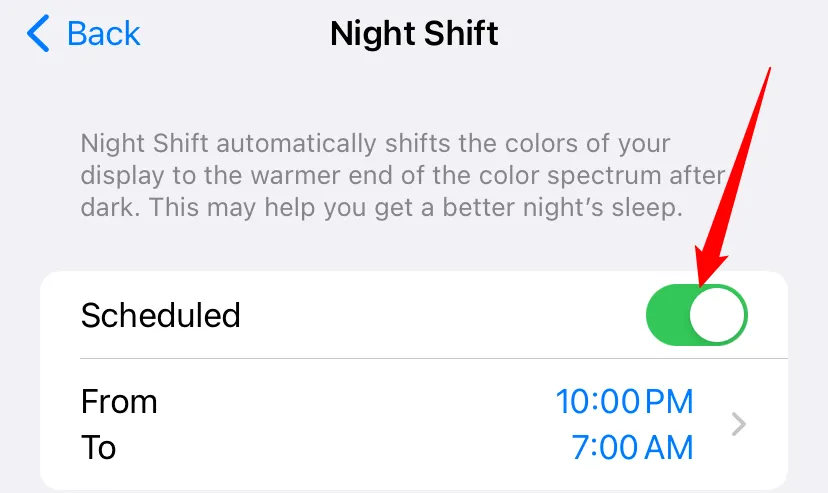 Tắt chế độ &quot;Đã lên lịch&quot; (Scheduled) của Night Shift để màn hình iPhone không bị vàng vào buổi tối