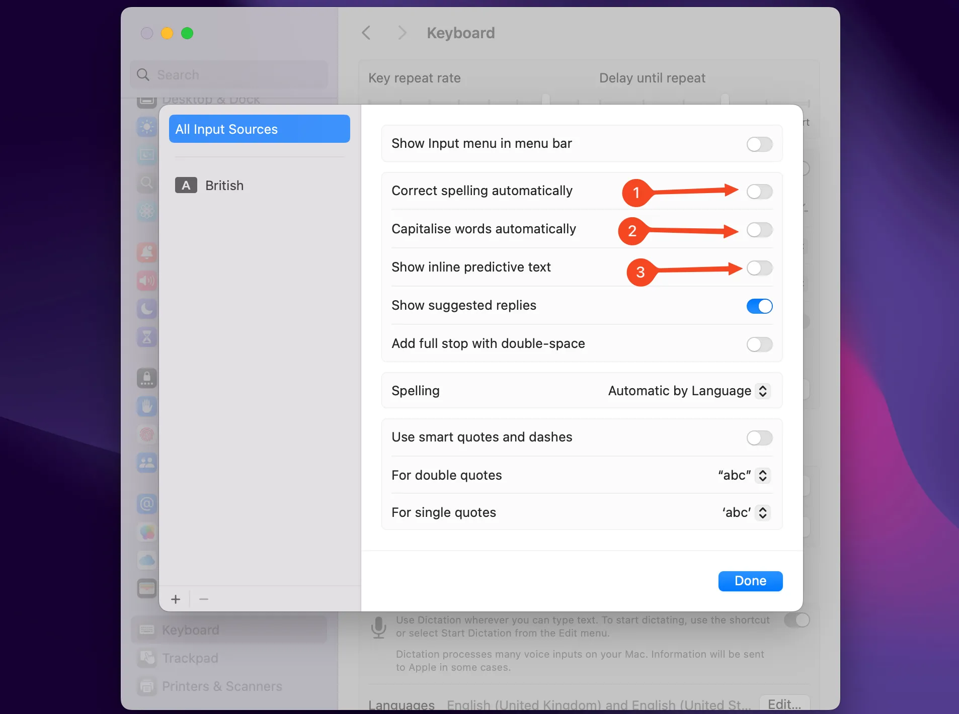 Tắt tính năng tự động sửa lỗi chính tả trong cài đặt Bàn phím trên macOS.
