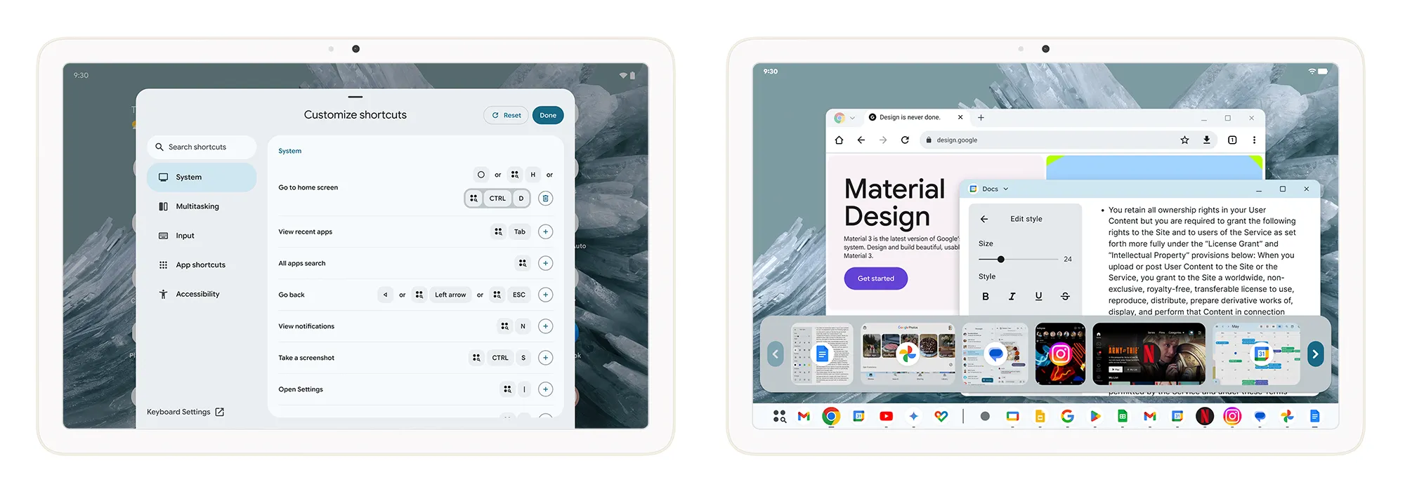 Thanh tác vụ trên máy tính bảng Android 16 với tính năng tùy chỉnh phím tắt và khả năng kết nối bàn phím ngoài, tối ưu cho trải nghiệm đa nhiệm.