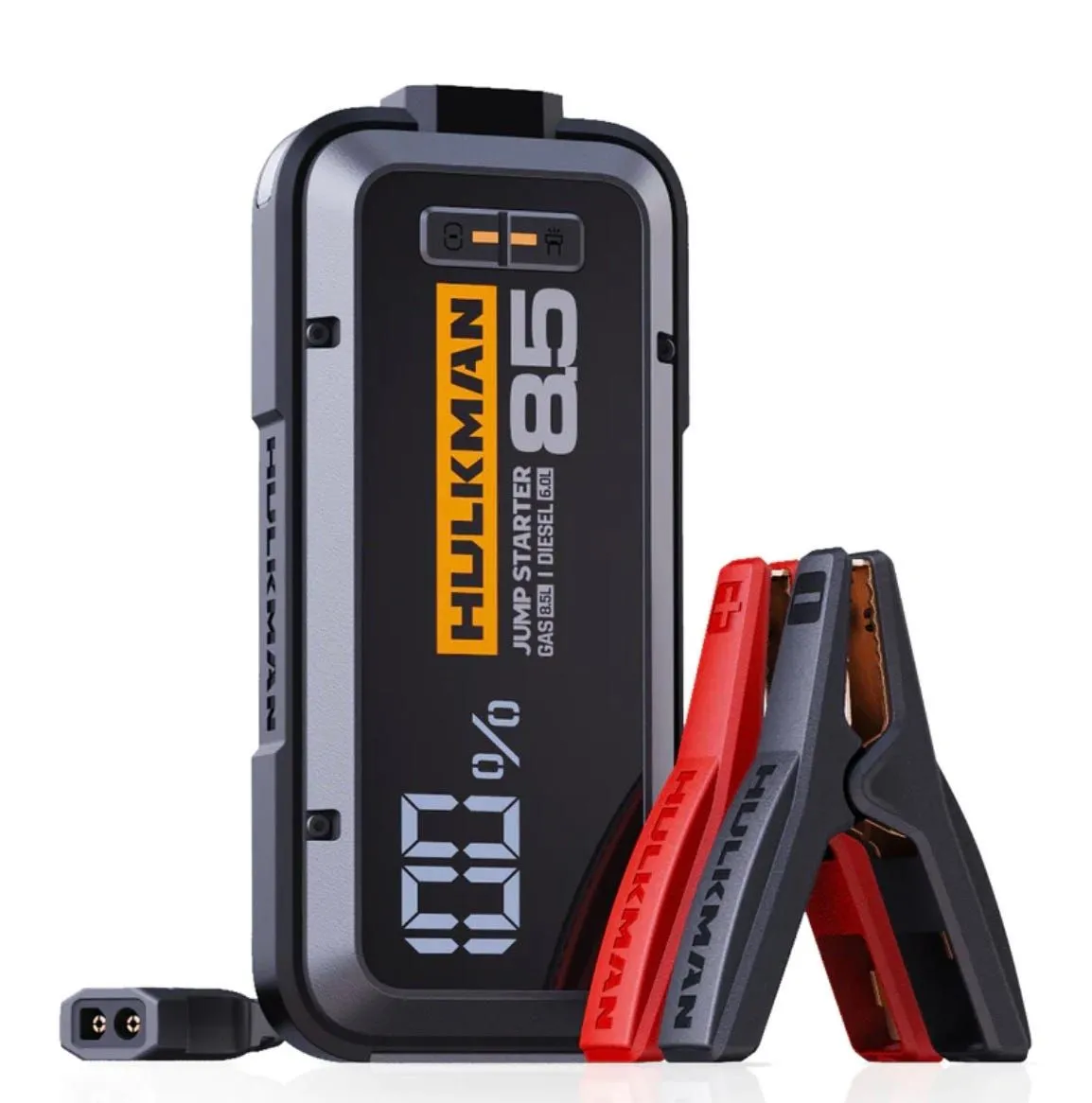 Thiết bị khởi động khẩn cấp cho ô tô Hulkman Alpha85 màu vàng đen nổi bật, thể hiện khả năng di động và sức mạnh vượt trội với dung lượng pin 20000mAh, sẵn sàng hỗ trợ khi xe gặp sự cố.