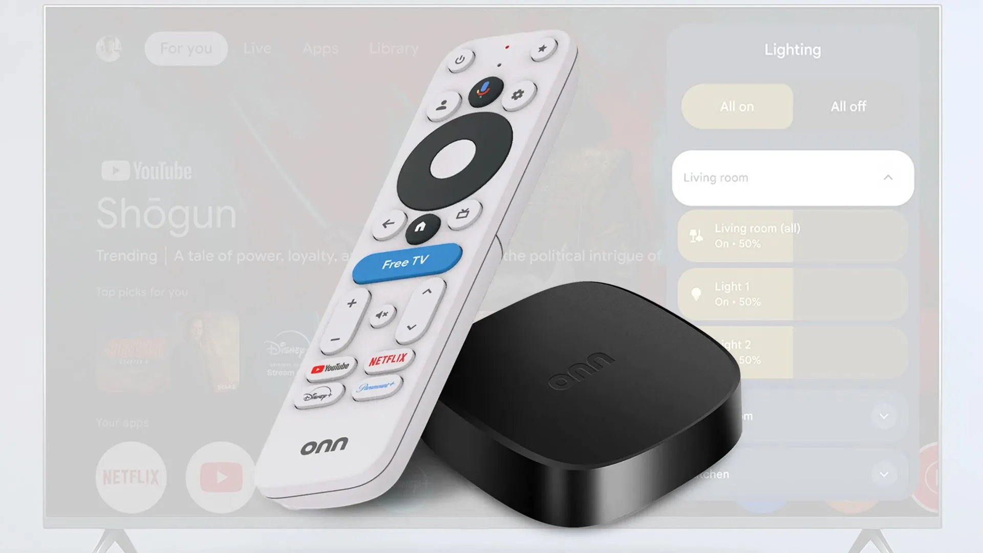 Thiết bị phát trực tuyến Onn 4K Plus Google TV với điều khiển từ xa.