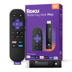 Thiết bị Roku Streaming Stick Plus mới cùng hộp đựng và remote điều khiển giọng nói