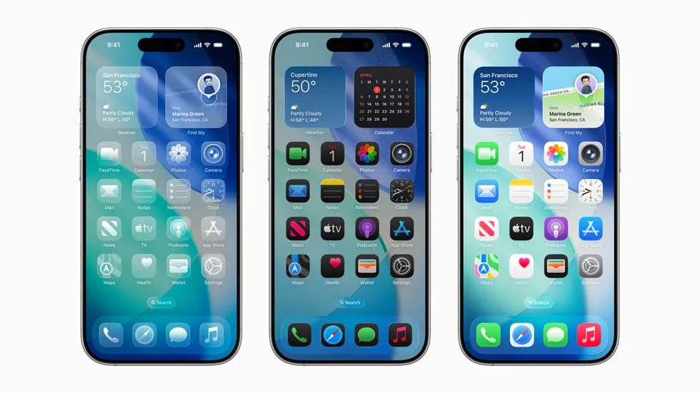 Thiết kế giao diện Liquid Glass mới của Apple, với các yếu tố skeuomorphic và hiệu ứng kính mờ trên iOS 26