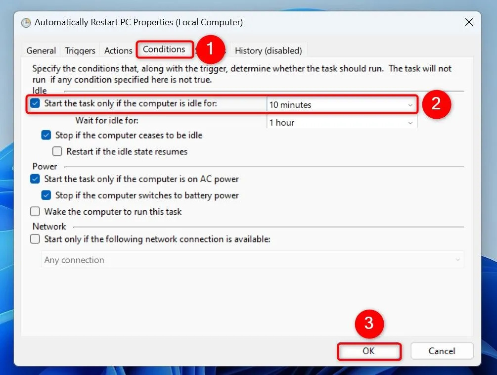 Thiết lập điều kiện trong Task Scheduler để tác vụ tự động khởi động lại chỉ chạy khi máy tính rảnh rỗi