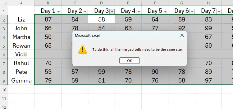 Thông báo lỗi khi sắp xếp dữ liệu do sử dụng tính năng gộp ô Merge &amp; Center trong Excel.
