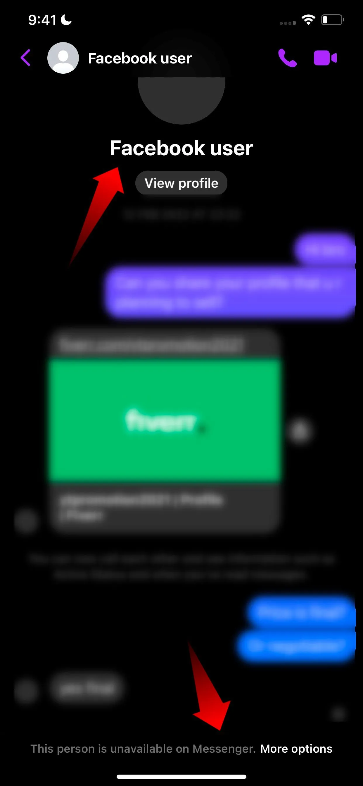 Thông báo &quot;Người này không khả dụng trên Messenger&quot; trong cuộc trò chuyện Facebook Messenger, một dấu hiệu cho thấy bạn có thể đã bị chặn hoặc tài khoản của người kia không còn hoạt động.
