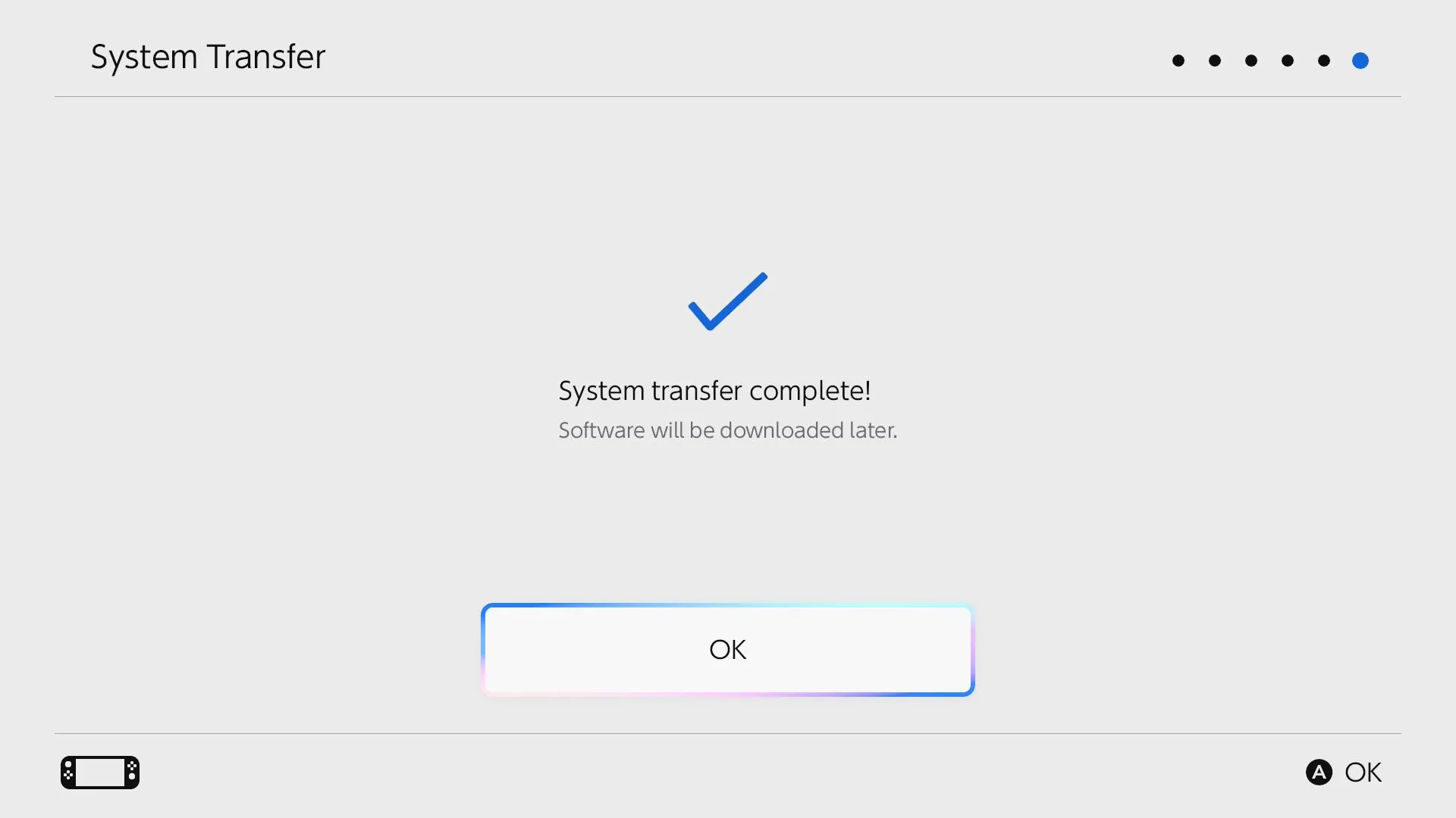 Thông báo &quot;System Transfer Complete&quot; hiển thị trên màn hình Nintendo Switch 2 sau khi quá trình chuyển dữ liệu hoàn tất.