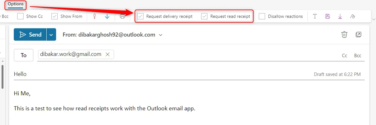 Thư điện tử đang được gửi từ ứng dụng Outlook với các tùy chọn &quot;Biên nhận đã đọc&quot; và &quot;Biên nhận gửi&quot; được kích hoạt.