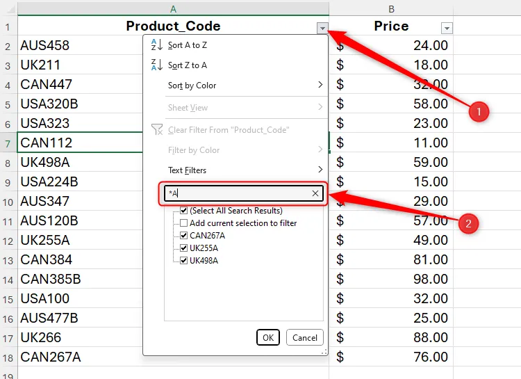 Tìm kiếm trong bộ lọc dữ liệu của Excel sử dụng ký tự đại diện ('*A') để hiển thị các mã sản phẩm kết thúc bằng chữ 'A', giúp lọc dữ liệu nhanh chóng và chính xác.