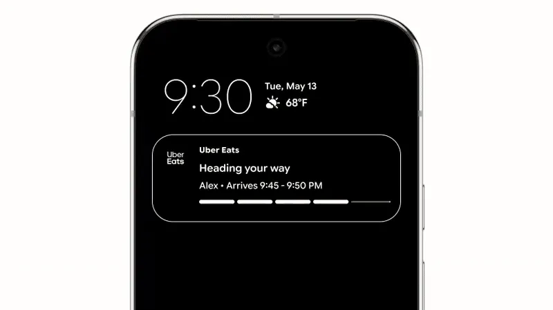 Tính năng Live Updates trên Android 16 hiển thị cập nhật trạng thái đơn hàng hoặc chuyến xe theo thời gian thực trực tiếp trên thanh thông báo.