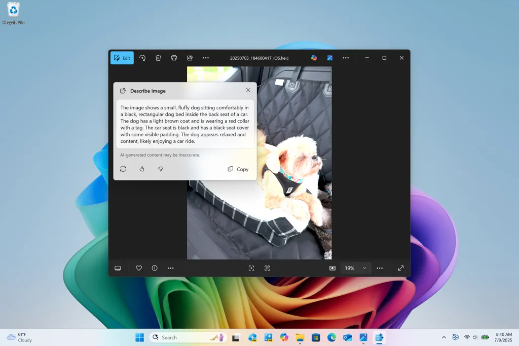 Tính năng mô tả hình ảnh tự động của Windows 11 hiển thị mô tả chi tiết về một chú chó, minh họa khả năng AI trên Click to Do
