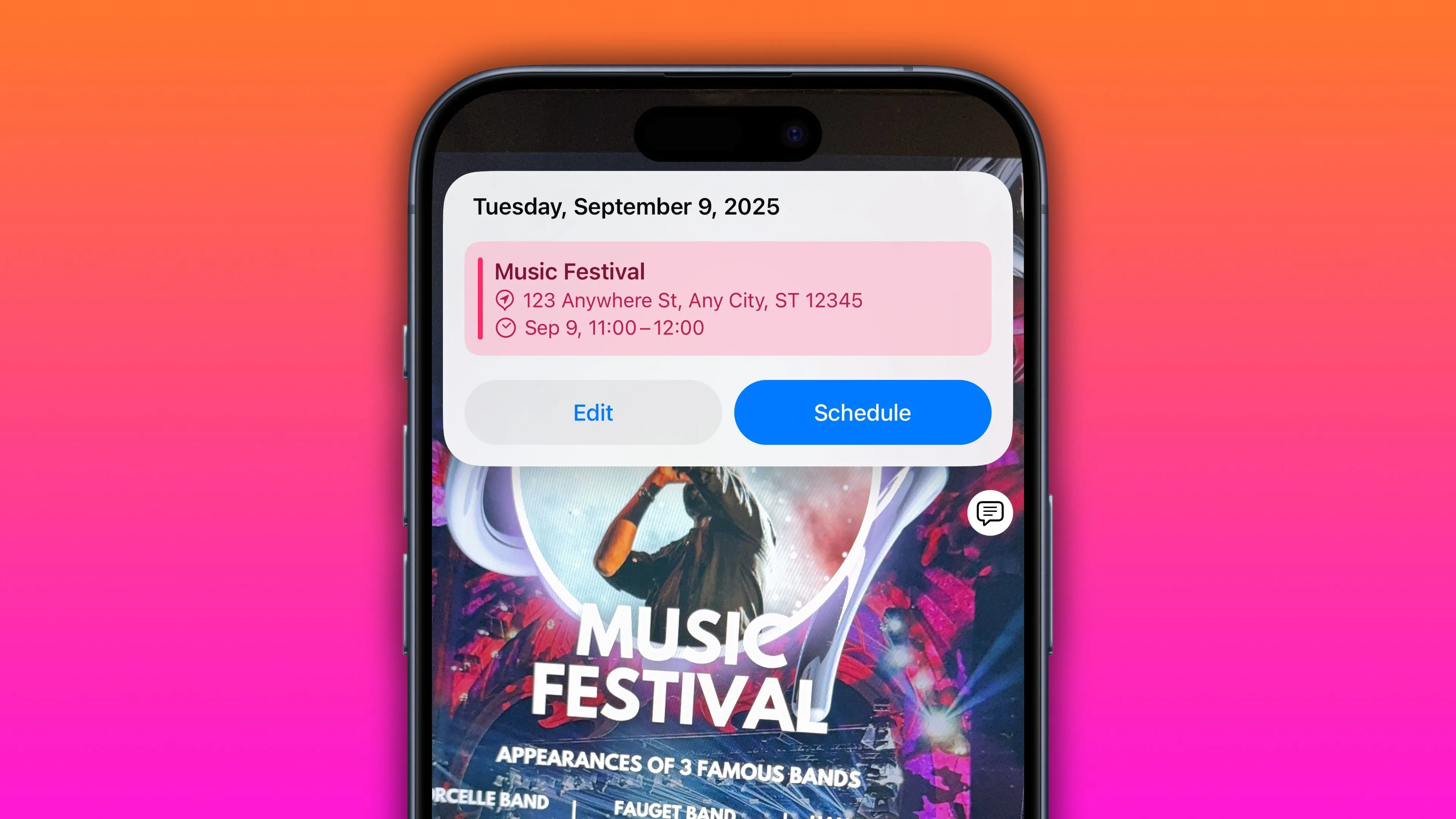 Tính năng Trí tuệ Thị giác của Apple Intelligence trên iPhone phát hiện sự kiện từ poster buổi hòa nhạc, cho phép thêm vào lịch.