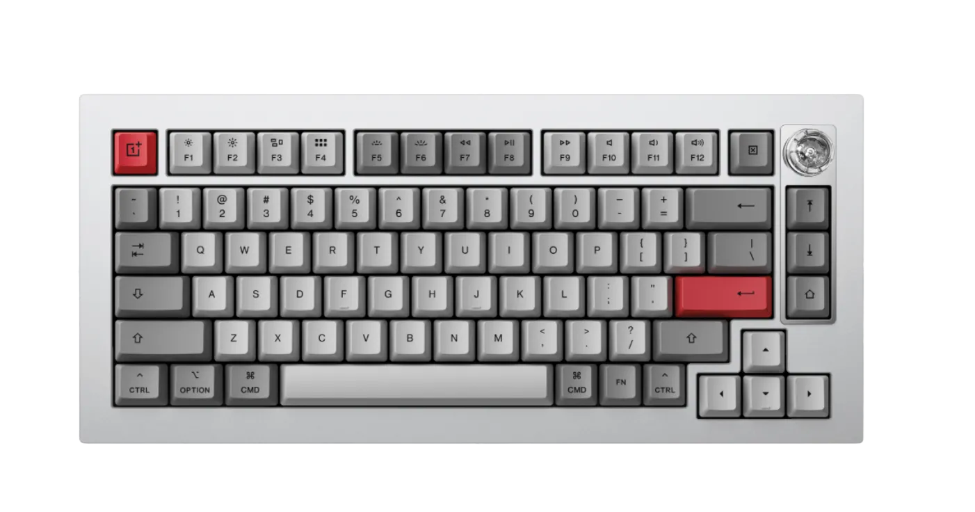 Toàn cảnh bàn phím cơ tùy chỉnh OnePlus Keyboard 81 Pro với núm xoay điều khiển âm lượng, nổi bật với thiết kế màu xám và keycap chất lượng cao.