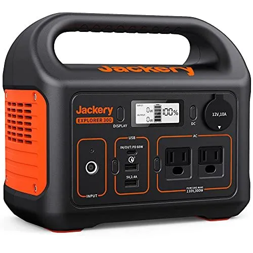 Trạm sạc di động Jackery Portable Power Station Explorer 300 màu cam đen, nhỏ gọn và tiện lợi, cung cấp nguồn điện dự phòng khi cắm trại hoặc mất điện.