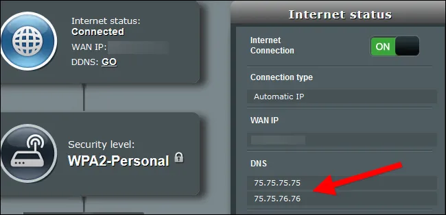 Trang cài đặt router ASUS hiển thị địa chỉ DNS server của nhà cung cấp dịch vụ internet.